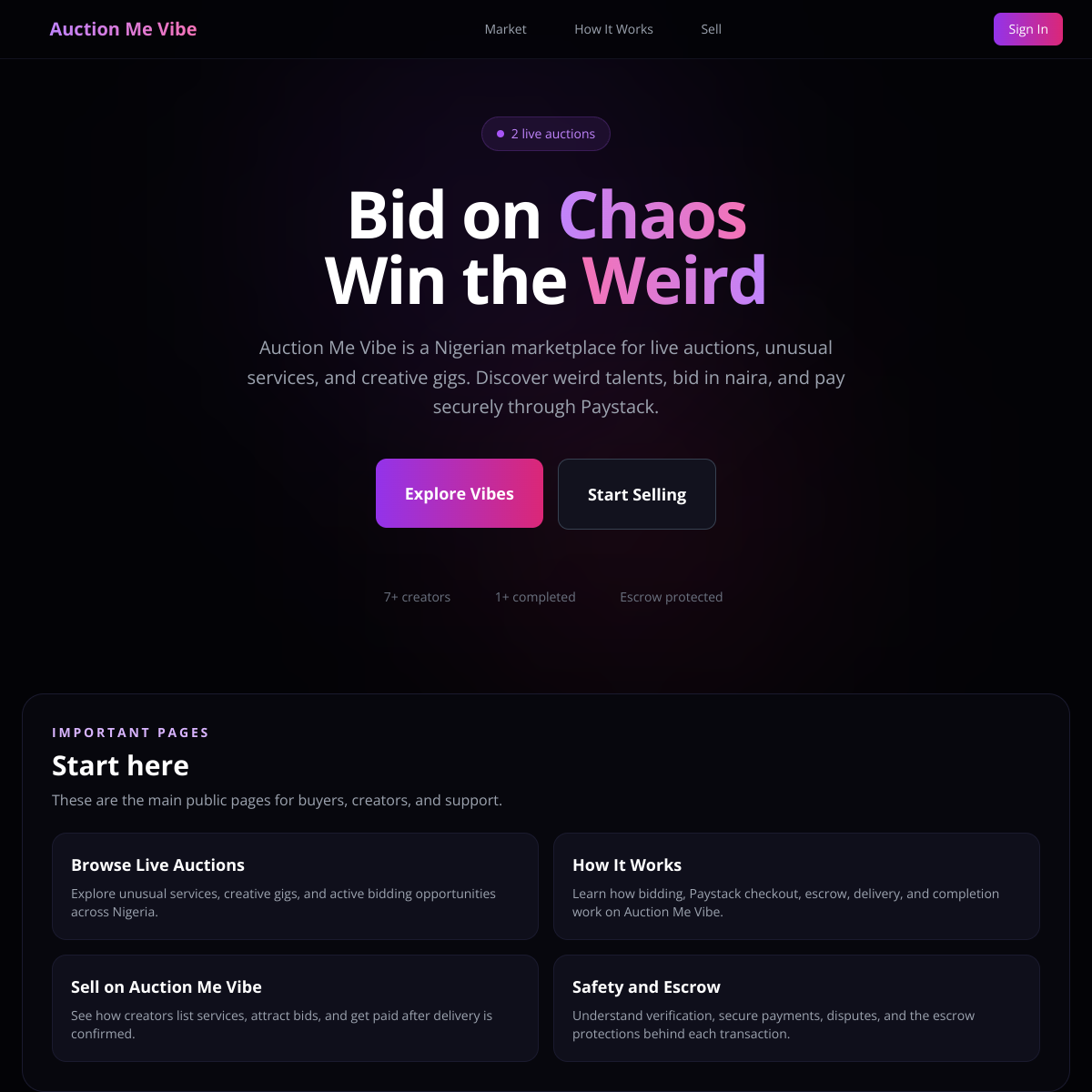 Preview of Auction Me Vibe marketplace